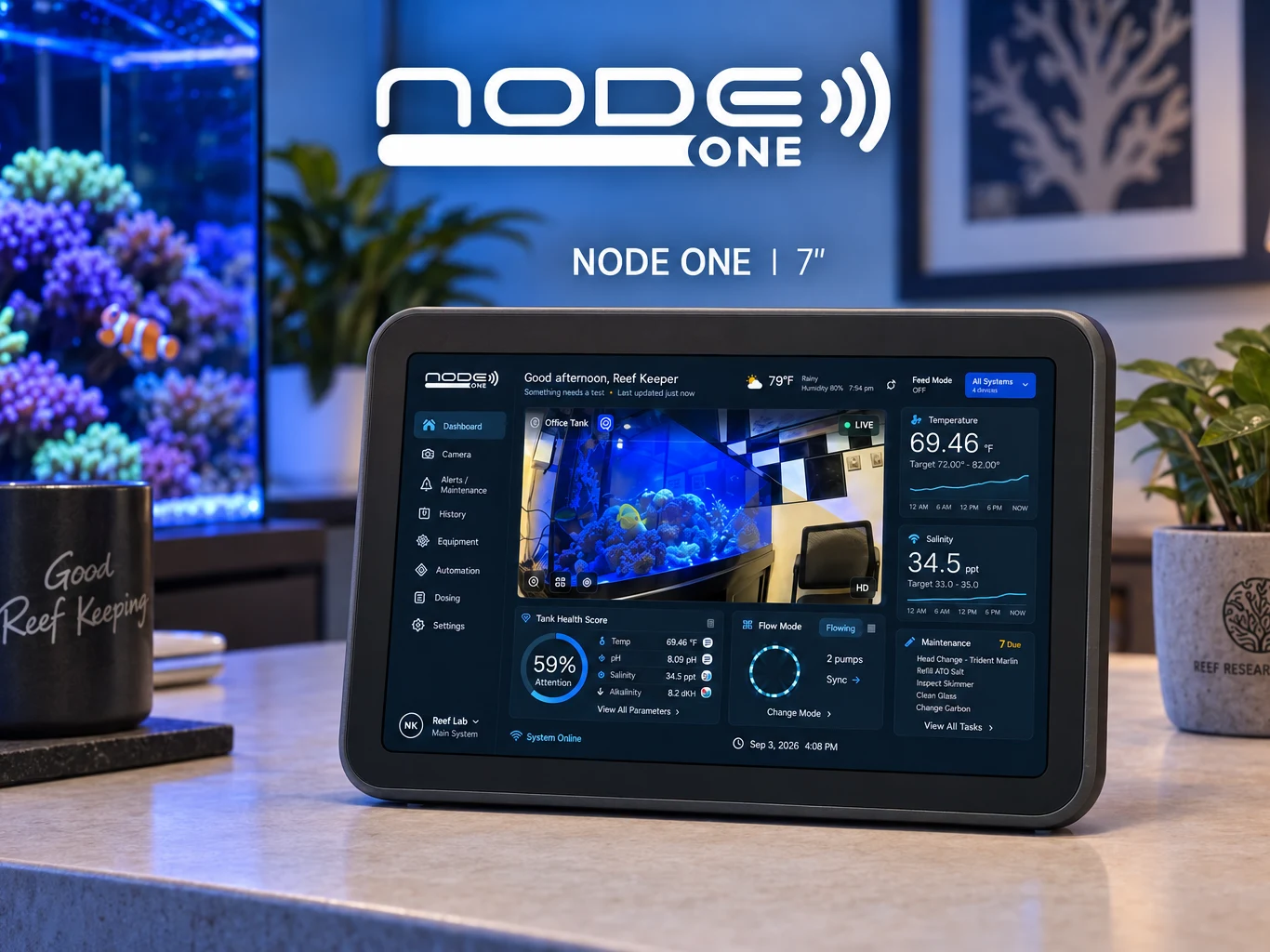 Product visualization of the 7-inch Node One beside a reef aquarium