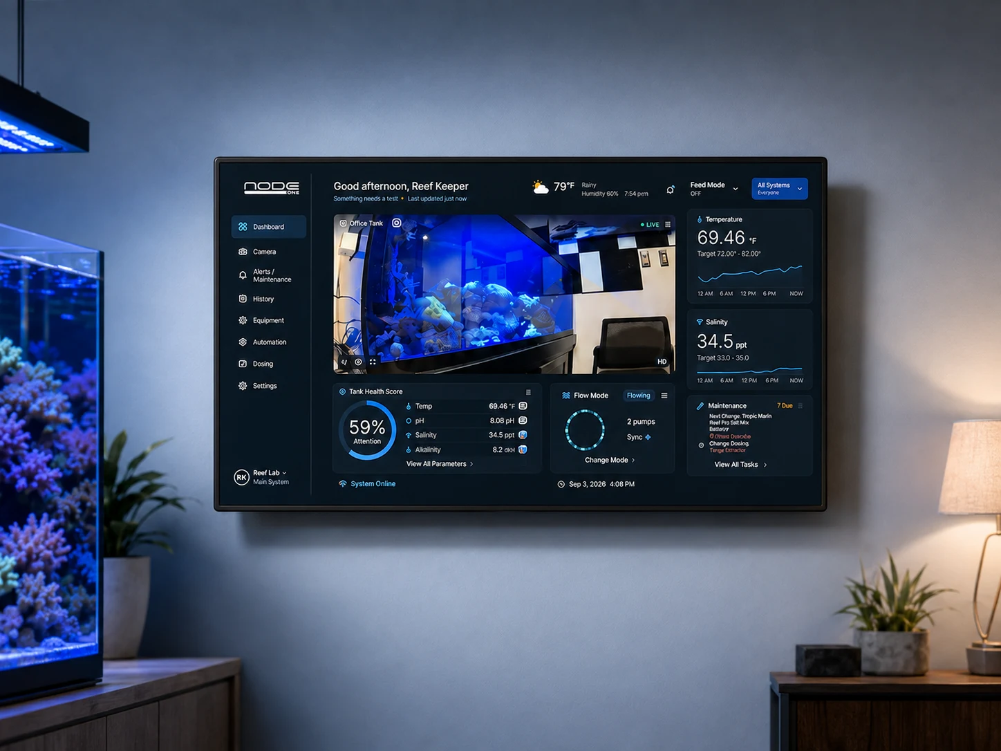 Product visualization of the wall-mounted 23.8-inch Node One Dolphin beside a reef aquarium