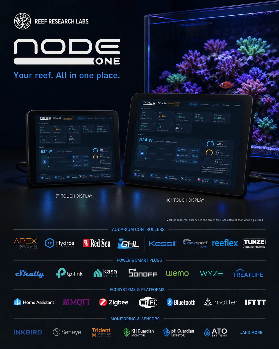 Node One reef computer concept render with supported ecosystem logos