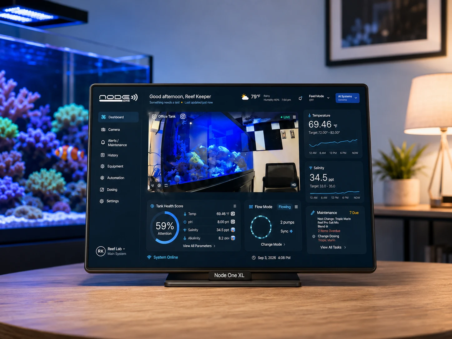 Product visualization of the 10.1-inch Node One XL beside a reef aquarium
